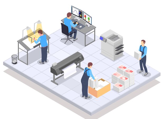 Composición isométrica de la imprenta con personajes humanos de trabajadores en computadoras que dibujan caballetes, papel e impresoras, ilustración