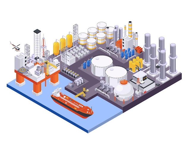 Composición isométrica de la industria petrolera petrolera con vista del puerto marítimo con procesamiento de petróleo