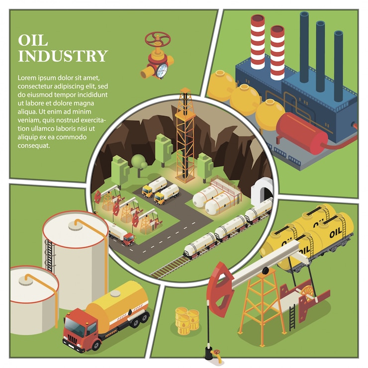 Vector gratuito composición isométrica de la industria petrolera con planta de refinería, torre de perforación, camiones, plataformas de perforación, bomba de combustible, válvulas, cisternas y barriles de petróleo