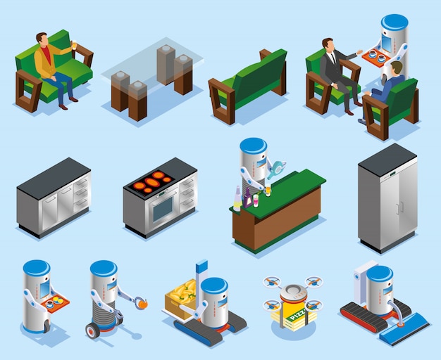 Composición isométrica de la industria de restaurantes robóticos