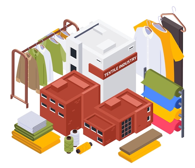 Composición isométrica de la industria textil con vista aislada de estanterías con ropa de moda y edificios de fábricas de algodón Ilustración vectorial