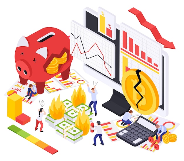 Vector gratuito composición isométrica de inflación de crisis financiera con gráficos de barras de dinero en llamas computadora de monedas rotas y contadores angustiados ilustración vectorial