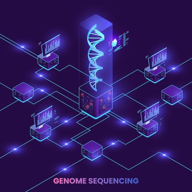 Composición isométrica de ingeniería genética con símbolos de investigación del genoma ilustración vectorial