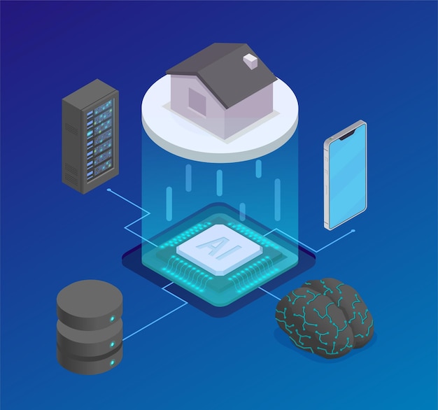 Composición isométrica de inteligencia artificial con diagrama de flujo de chip de silicio y equipo de servidor con teléfono inteligente y casa