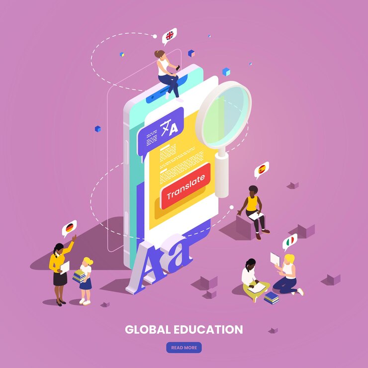 Vector gratuito composición isométrica de intercambio de estudiantes de educación global con imagen de personajes humanos de teléfonos inteligentes texto editable e ilustración de vector de botón
