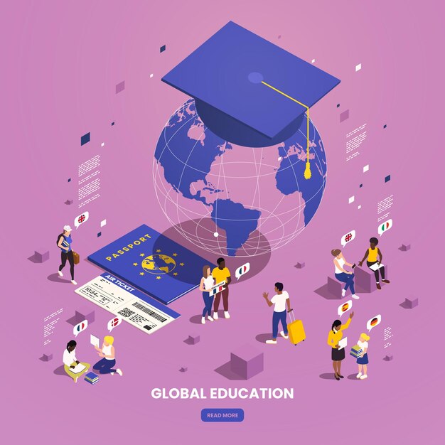 Composición isométrica de intercambio de estudiantes de educación global con sombrero académico del globo terrestre y personajes humanos de estudiantes ilustración vectorial