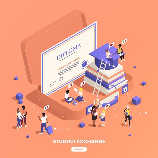 Composición isométrica de intercambio de estudiantes de educación global con texto editable leer más botones personajes humanos e ilustración de vector de diploma