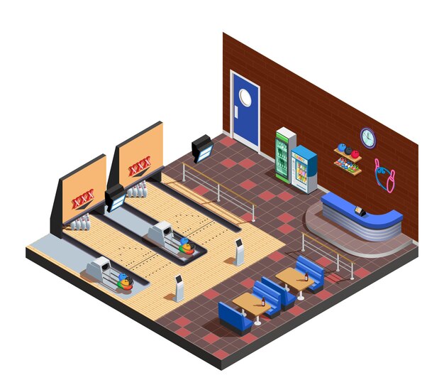 Composición isométrica interior del club de bolos con zona de juegos café y estante de administrador