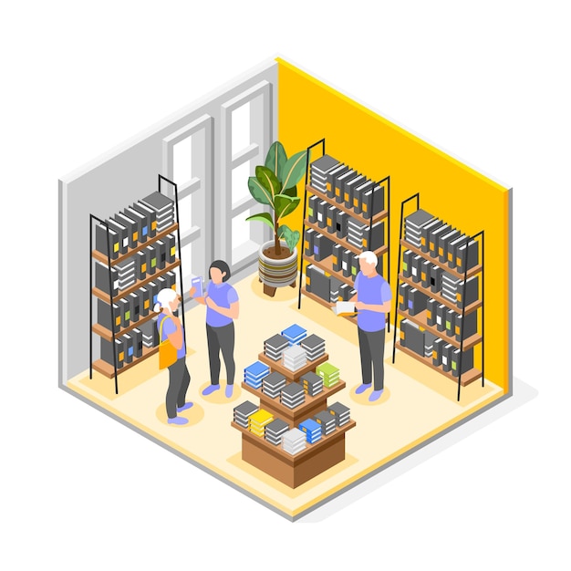 Composición isométrica interior de librería con asistente de tienda que ayuda a los clientes a elegir literatura 3d ilustración vectorial