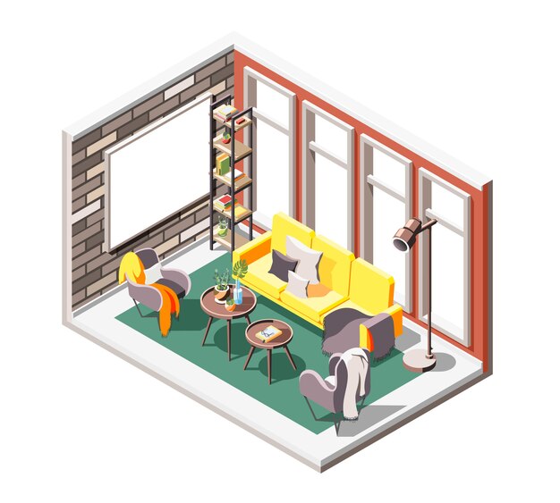 Composición isométrica interior loft con ambiente de salón interior con ventanas de asientos suaves y pantalla de proyección