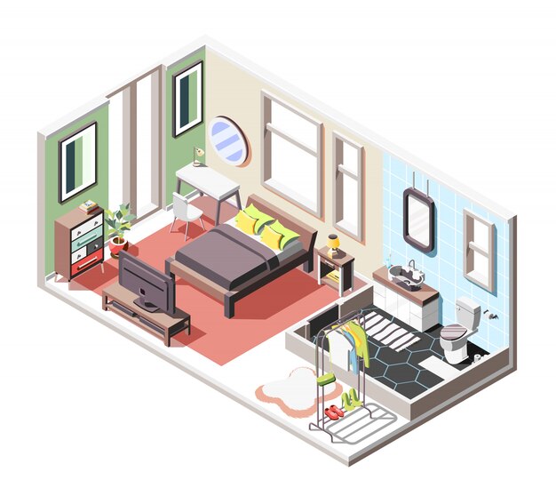 Composición isométrica interior loft con vista interior de la sala de estar y baño con muebles y ventanas.
