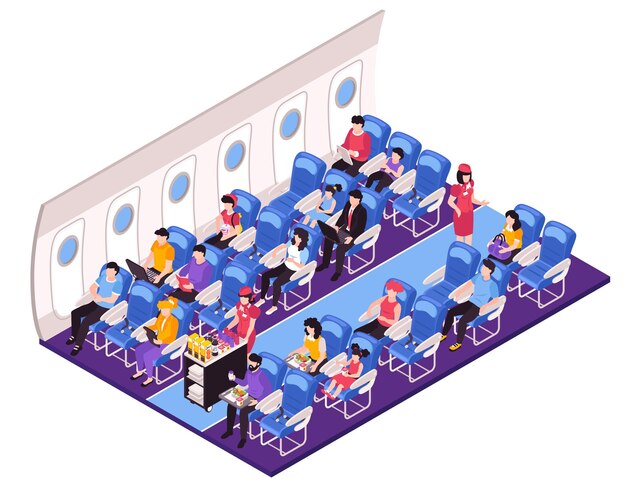 Composición isométrica del interior del salón de aviones con azafatas de tripulantes de cabina que sirven comida a los pasajeros durante el vuelo