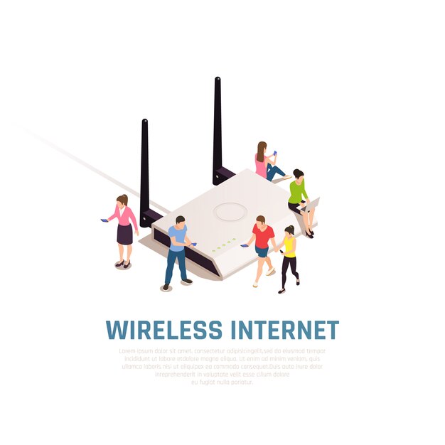 Composición isométrica de internet inalámbrico con gente pequeña alrededor de un enrutador grande que se conecta mediante teléfonos inteligentes