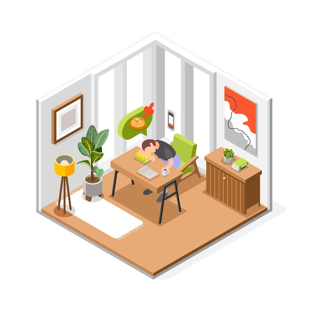 Vector gratuito composición isométrica de intolerancia al gluten con vista interior de la sala de estar con una persona en el lugar de trabajo soñando con la ilustración del vector de alimentos
