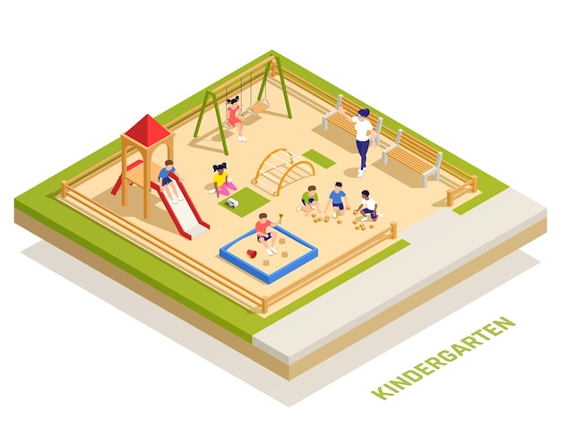 Composición isométrica de jardín de infantes con niños jugando en la caja de arena deslizando diapositivas y pasando tiempo jugando juegos activos ilustración vectorial