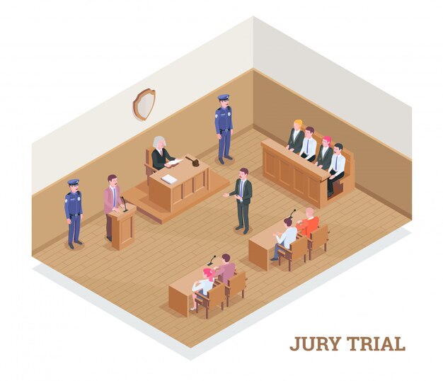 Composición isométrica de justicia judicial con texto y vista de la sala del tribunal durante la sesión con ilustración de personajes humanos