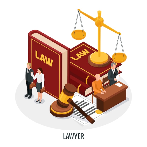 Composición isométrica de justicia de ley con personajes de personas pequeñas libros de ley martillo y peso de oro ilustración vectorial