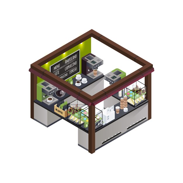 Composición isométrica del kiosco de café