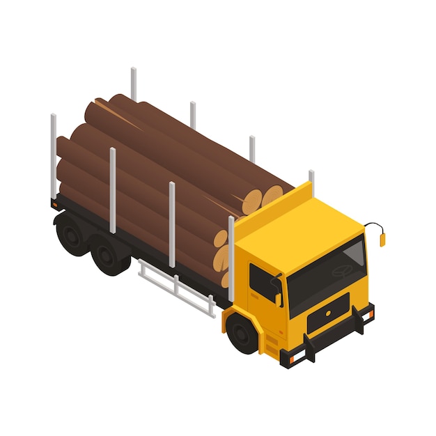 Composición isométrica de leñador de aserradero con imagen aislada de camión cargado con ilustración de vector de madera