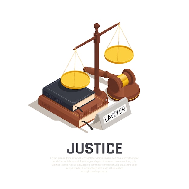 Composición isométrica de la ley con la biblia del libro de códigos legales del mazo y símbolo de la escala de la justicia