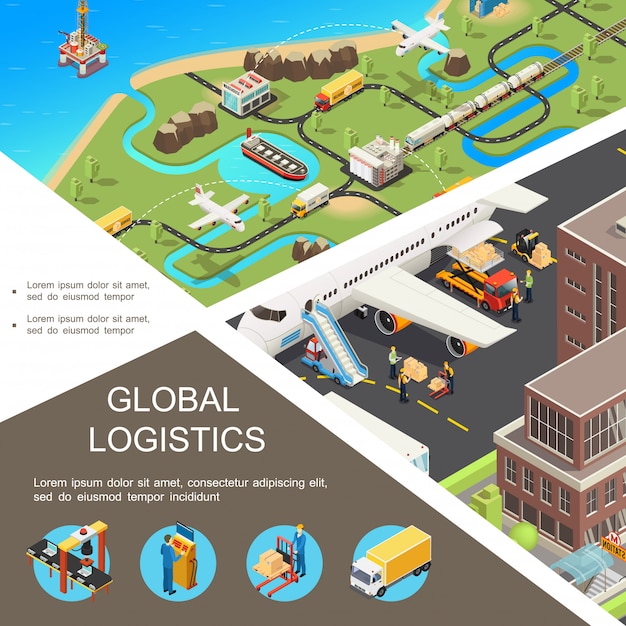 Vector gratuito composición isométrica de logística global con red de transporte internacional avión tren camiones barco avión proceso de carga línea de montaje almacén trabajadores