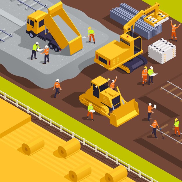 Composición isométrica de máquinas de equipos ferroviarios de vehículos de construcción de colocación de vías férreas con paisajes al aire libre de la ilustración vectorial del sitio de construcción