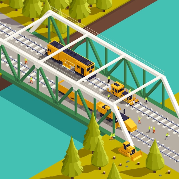 Composición isométrica de máquinas de equipos ferroviarios de vehículos de construcción de colocación de vías férreas con vista exterior de ilustración de vector de puente de tren