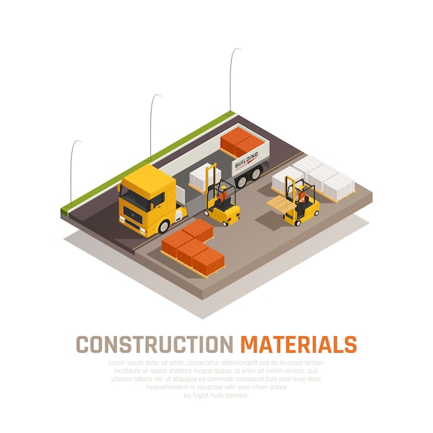 Composición isométrica de materiales de construcción con sitio de construcción y camión descargado por trabajadores con ilustración de vector de texto editable
