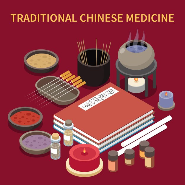 Composición isométrica de medicina alternativa con pila de libros chinos con frascos de placas y viales agujas de acupuntura ilustración vectorial
