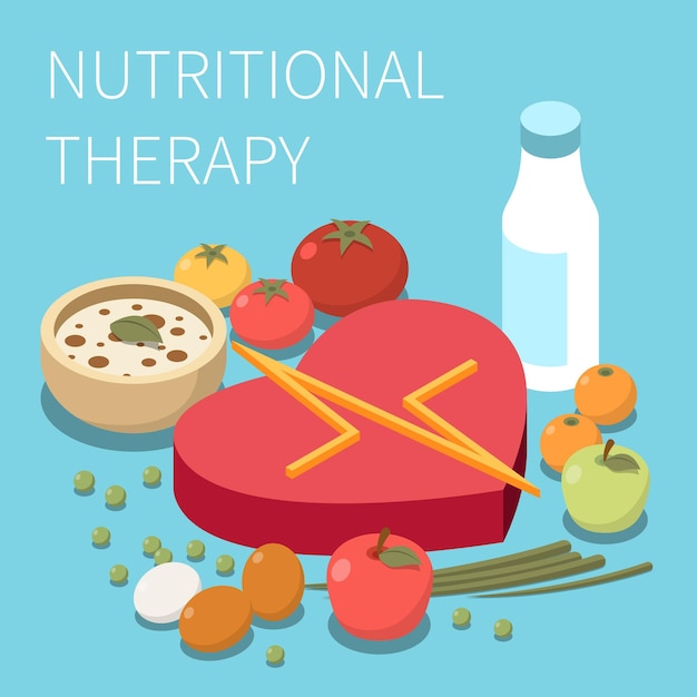 Composición isométrica de medicina alternativa con texto e imágenes de frutas, huevos, tomates con símbolo de latido del corazón, ilustración vectorial