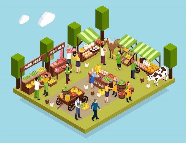 La composición isométrica del mercado de agricultores mostró mostradores con verduras de carne fresca, miel y productos lácteos.