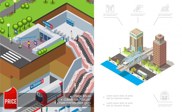 Composición isométrica del metro de la ciudad con edificios modernos subterráneos y vehículos en movimiento