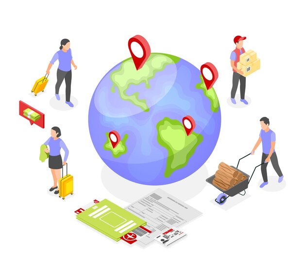 Composición isométrica de migración laboral con personas que realizan trabajos mal pagados y se van al extranjero ilustración vectorial
