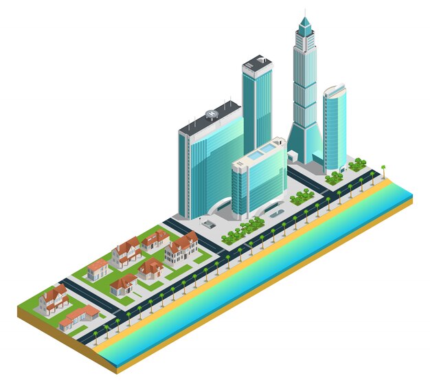 Composición isométrica con modernos rascacielos y casas suburbanas.