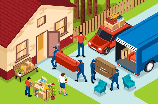 Composición isométrica móvil familiar con mudanzas descargando furgoneta y llevando muebles a la nueva casa ilustración vectorial 3d