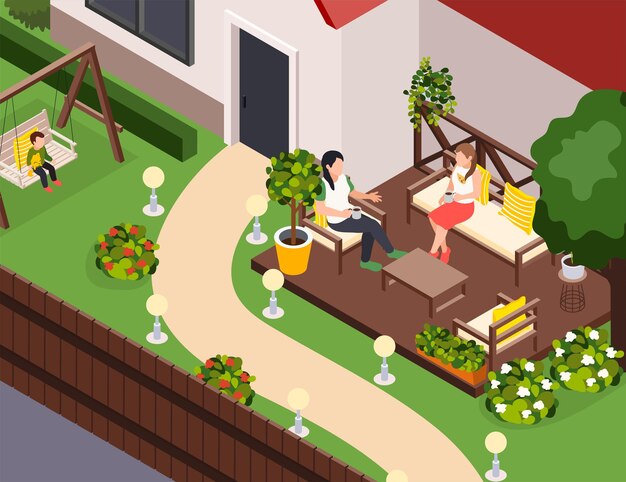 Composición isométrica de muebles de jardín con paisaje al aire libre y entrada de la casa con sillas, sofá y columpios para bebés ilustración vectorial