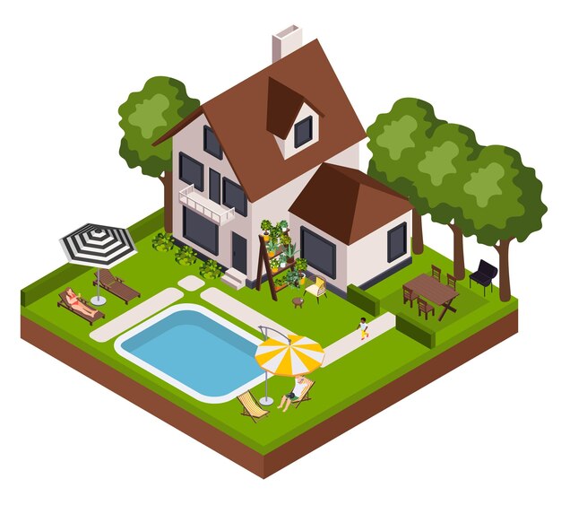 Composición isométrica de muebles de jardín con vista a la casa con piscina en el patio trasero y tumbonas con sombrillas ilustración vectorial