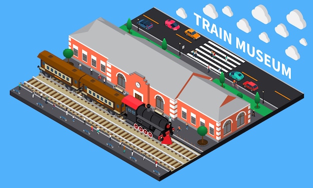 Vector gratuito composición isométrica del museo del tren