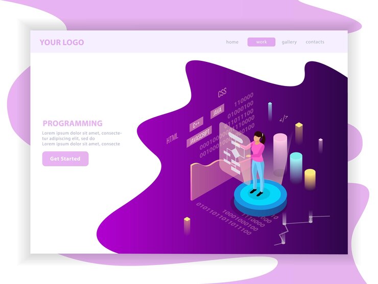 Vector gratuito composición isométrica de la página de destino de programación independiente con texto editable e imágenes infográficas con gráficos