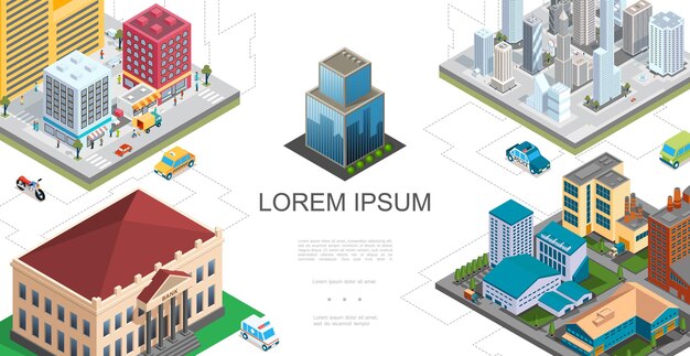 Composición isométrica del paisaje de la ciudad con edificios modernos rascacielos banco fábrica taxi ambulancia coches de policía autobús motocicleta gente caminando en la calle ilustración