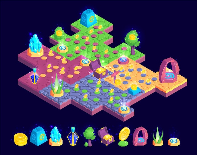 Composición isométrica del paisaje del juego con una pieza de colorido mapa de juegos con árboles, piedras y cofres del tesoro