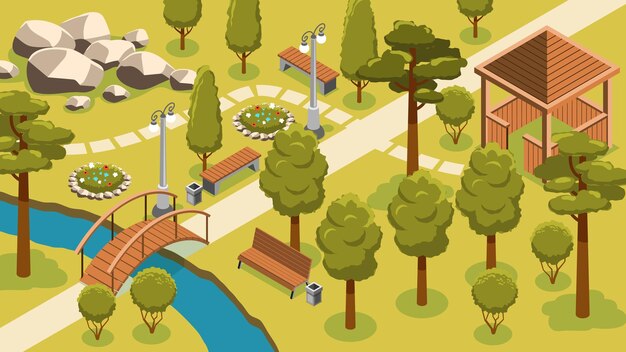Composición isométrica del paisaje del parque con vistas al paisaje moderno del parque de la ciudad con el puente de la casa de verano y la ilustración vectorial de bancos