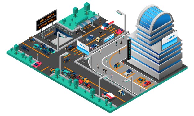 Composición isométrica del paisaje urbano futurista