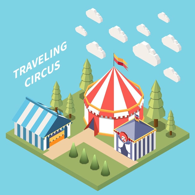 Vector gratuito composición isométrica del parque de atracciones con vista aislada de la gran carpa del circo ambulante con nubes e ilustración vectorial de texto