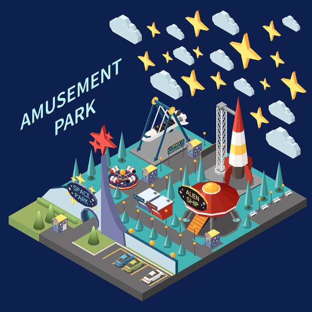 Composición isométrica del parque de atracciones con vista aislada del parque espacial temático con cohetes e ilustraciones de vectores de naves alienígenas
