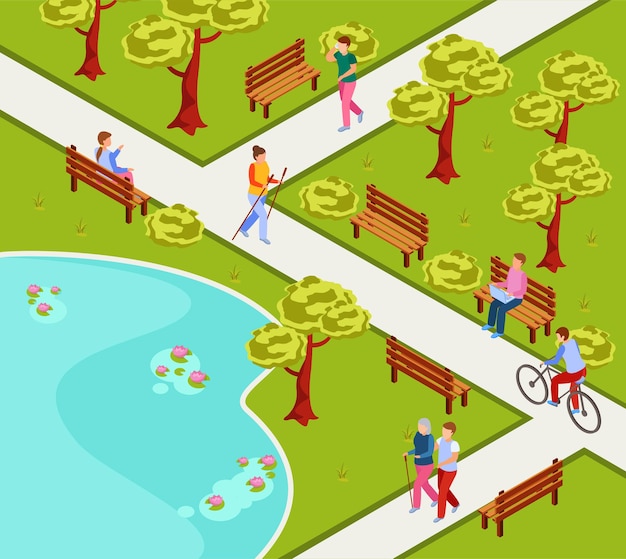 Vector gratuito composición isométrica del parque de la ciudad con personas que andan en bicicleta nordic walking leyendo trabajando en una computadora portátil en un banco
