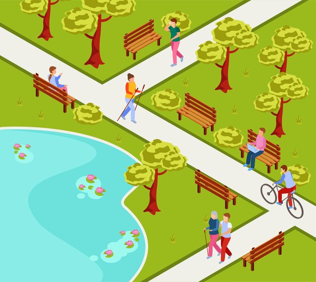 Composición isométrica del parque de la ciudad con personas que andan en bicicleta nordic walking leyendo trabajando en una computadora portátil en un banco