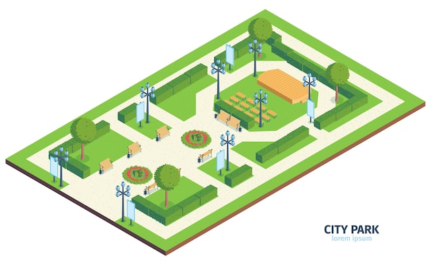 Composición isométrica del parque de la ciudad con texto jardín público urbano con arbustos de bancos e ilustración de escenario de actuación al aire libre,