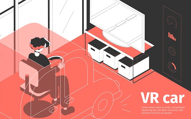 Vector gratuito composición isométrica con persona que lleva gafas vr conduciendo un coche en un videojuego 3d