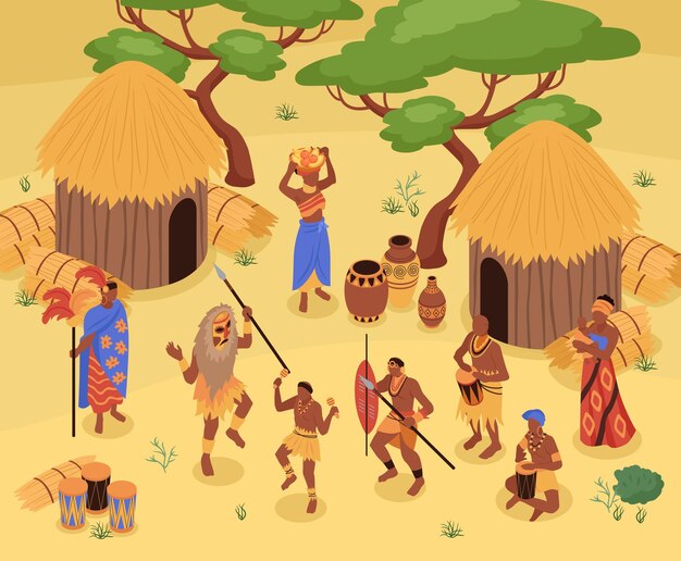 Composición isométrica de personas africanas con paisaje al aire libre y vista de aldea tribal con casas y personas ilustración vectorial